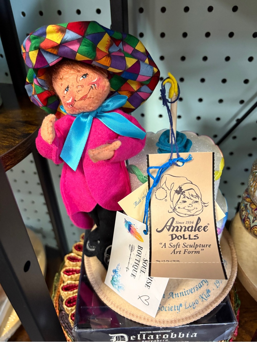 Annalee Doll in Bright Pink Outfit with Multicolor Diamond Hat